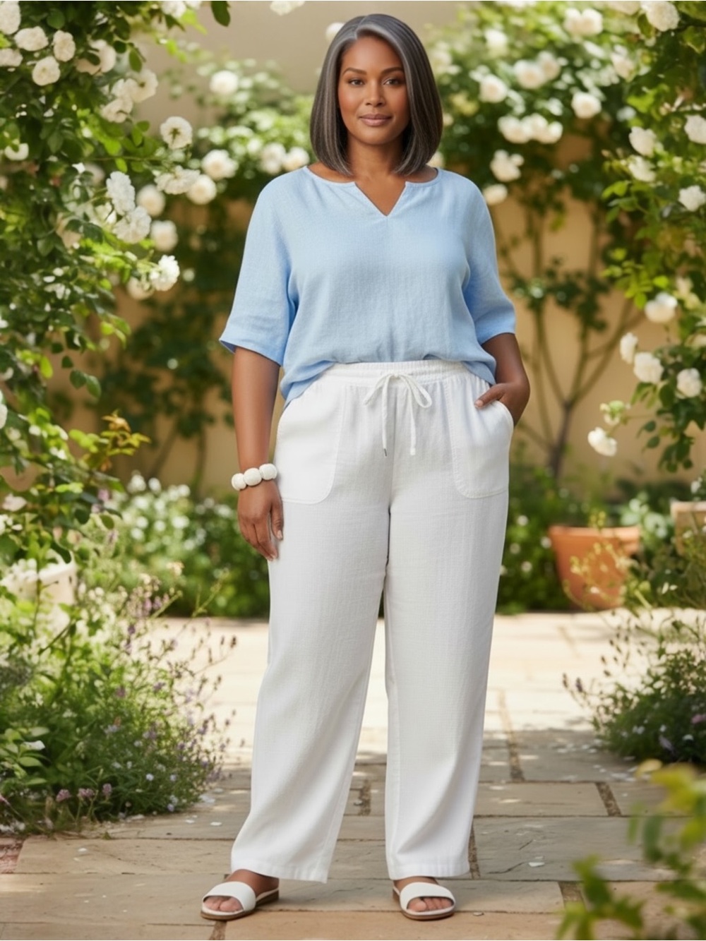 Westport White Straight Leg Linen Blend Drawstring Pants Size 1X